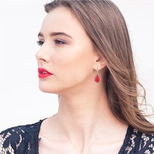 HUITAN Earrings Silver Teardrop Vintage Earrings Red Crystal Hanging Earrings